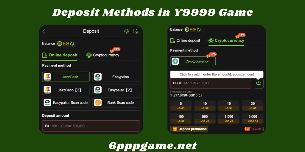 Y9999 Game Deposit methods